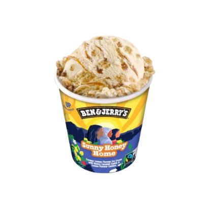 Bild von Sunny Honey Home 465 ml Becher mit der Beschreibung Eiscreme mit Zitronengeschmack mit Honig-Karamell-Swirls und Zitronen-Cookie-Chunks