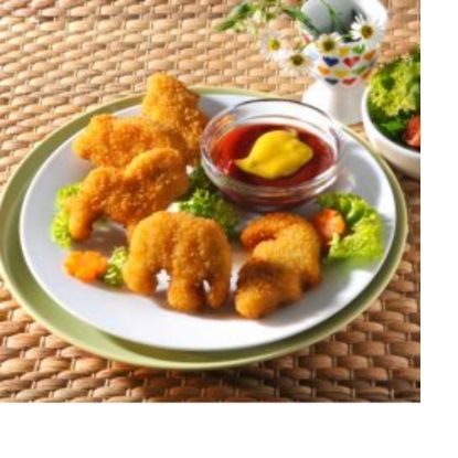 Bild von Dschungel-Tiere paniert & gegart, ca.25g mit der Beschreibung Kinderspaß - Löwe,Elefant,Krokodil & Nilpferd aus Hähnchenfleisch geformt, paniert & gegart.