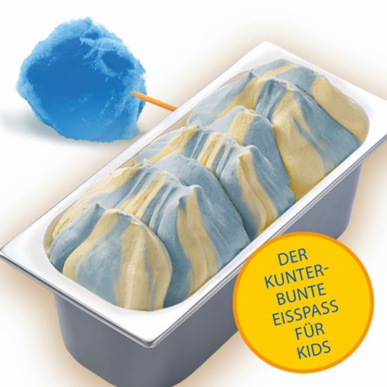 Bild von CDOS Gelateria Blaue Zuckerwatte mit der Beschreibung Vanilleeis und Eis mit Zuckerwattegeschmack, ohne deklarationspflichtige Zusatzstoffe