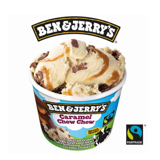 Bild von Caramel Chew Chew 100ml Becher mit der Beschreibung Karamelleis mit Karamellsauce und Kakaoglasur und Karamellstücken