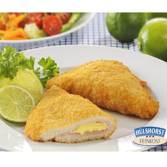 Bild von Cordon Bleu vom Schwein 140g, gewürzt, paniert & gebraten mit der Beschreibung gefüllt mit zartschmelzendem Gouda & gekochtem Hinterschinken und knuspriger Panade umhüllt.
