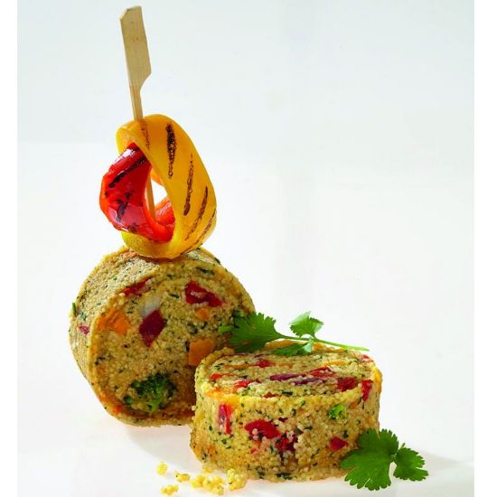 Bild von Couscous-Gemüse-Törtchen ca.125g,vegan mit der Beschreibung Couscous mit gegrillter Paprika & Broccoli,feinen Gewürzen & Korriander, laktosefrei