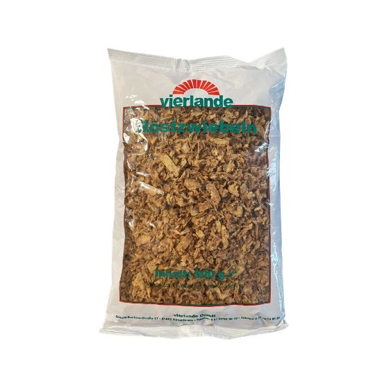 Bild von Röstzwiebeln  500g Beutel mit der Beschreibung Aus frischen Zwiebeln geröstet. Passend zu Hot Dog, Burger oder Salaten.