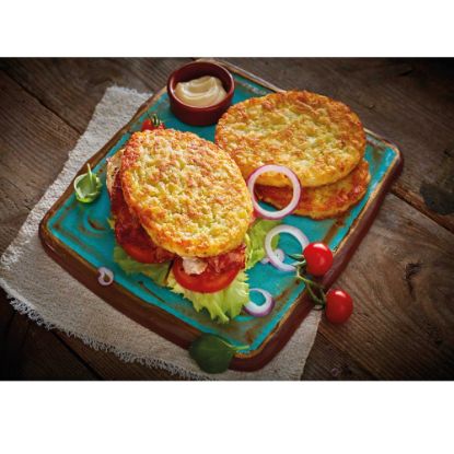 Bild von Rösti Schweizer Art 120g mit der Beschreibung Herzhafte ovale Rösti aus frischen geraspelten Qualitätskartoffeln. Fein gewürzt,schnell zubereitet.