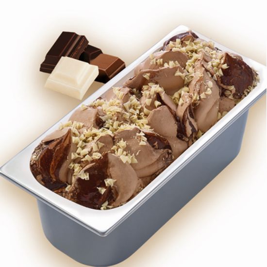 Bild von CDO Gelateria Schokolade mit der Beschreibung milchschokoladeneis mit Schokosauße und weißen Schokostücke, ohne deklarationspflichtige Zusatzstoff