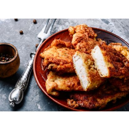 Bild von Hähnchenbrustfilet in Knusperpanade 150g mit der Beschreibung Zartes, saftiges Hähnchen-Knusperfilet mit knuspriger Cornflaks-Panade.