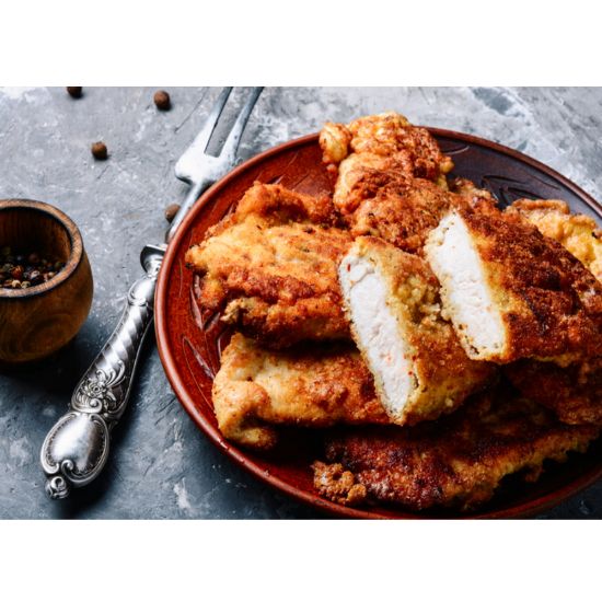 Bild von Hähnchenbrustfilet in Knusperpanade 150g mit der Beschreibung Zartes, saftiges Hähnchen-Knusperfilet mit knuspriger Cornflaks-Panade.
