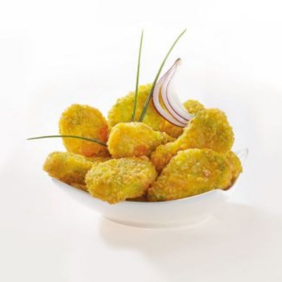 Bild von Knusper Gemüse-Nuggets ca.17g,vorgebacken mit der Beschreibung Aus Mais, Karotten, Pastinaken, Erbsen, Romanesco, Zwiebeln &  Broccoli in crispy Cornflakes-Panade