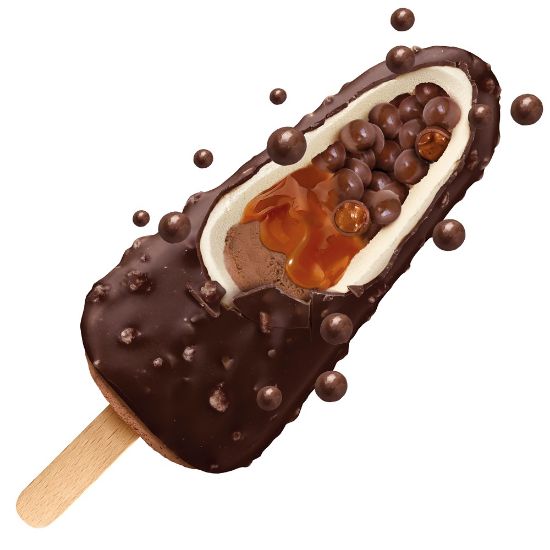 Bild von Volcanix mit der Beschreibung knackige Schokoschicht mit Keks-Stückchen, cremiges Vanilleeis, Karamellkugeln& Schokoeis