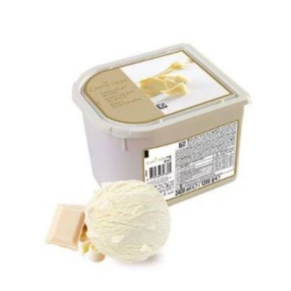 Bild von Weiße Schokolade mit der Beschreibung Zartschmelzende Weiße Schokoladeneiscreme, mit weißen Schokoladenstückchen