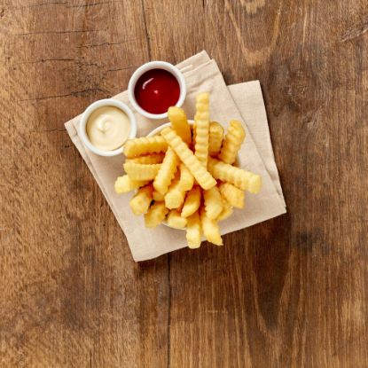 Bild von TIFA Pommes Wellenschnitt mit der Beschreibung Extra-Qualität in reinem Pflanzenfett vorgebacken