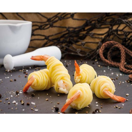 Bild von Garnelen im Kartoffelnest ca.25g/Stück mit der Beschreibung Garnelen mit Schwanzsegment, gekocht in einer Kartoffelzubereitung- 1kg=2Tray à 20St