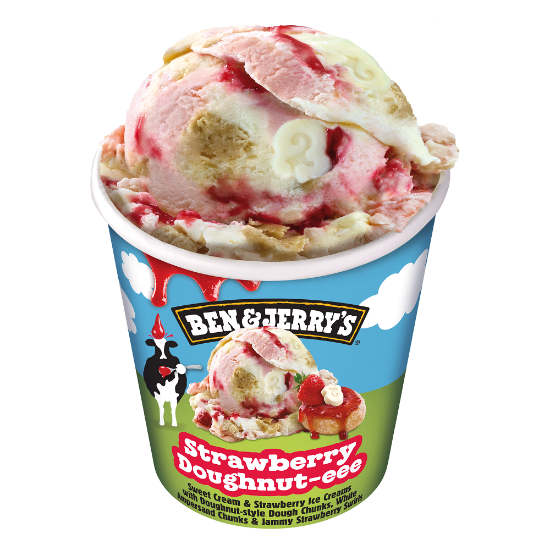 Bild von B&J Strawberry Doughnut-eee mit der Beschreibung Eiscreme & Erdbeereis, Teig-Stückchen mit Douhnut-Geschmack, weißen Glasurstückchen & Erdbeersauce