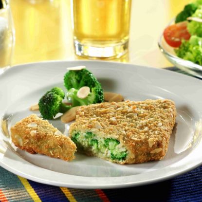 Bild von TIFA Broccoli-Nuss-Knusperecke 140g,vegan mit der Beschreibung Brokkoli,Haselnüsse,Haferflocken und Sonnenblumenkerne eingebettet in einer Mandelpanade