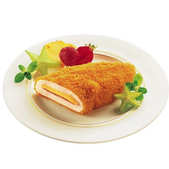 Bild von Hähnchen Cordon Bleu 150g, paniert mit der Beschreibung Hähnchenbrustfilet gefüllt mit Putenkochschinken & Käse in knuspriger Panade.