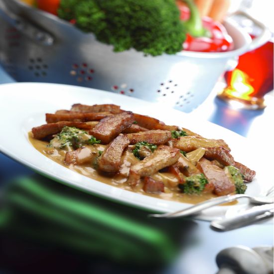 Bild von LASCHORI Schweinefleisch in Streifen PREMIUM mit der Beschreibung Aus dem Schinken geschnitten, roh & ungewürzt.