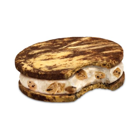 Bild von B&J Cookie Dough Sandwich mit der Beschreibung Vanille-Eiscreme mit Cookieteig-Stückchen zwischen Kakao-Vanille-Cookie-Gebäck