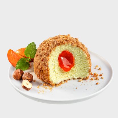Bild von Eisdessert Marillenknödel 150 ml mit der Beschreibung Eis Vanillegeschmack mit Marillenfruchtzubereitung & Amarettini-Haselnusskrokantstreusel