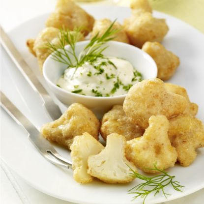 Bild von Blumenkohlröschen im Backteig, vorgebacken mit der Beschreibung Kleine Röschen im leckeren Backteig.