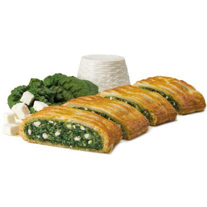Bild von PAN Spinatstrudel 160g, fertig gebacken mit der Beschreibung Von zartem Blätterteig umhüllt, mit Ricotta & Käse gefüllt, Zwiebel, Knoblauch &  Muskat abgerundet.