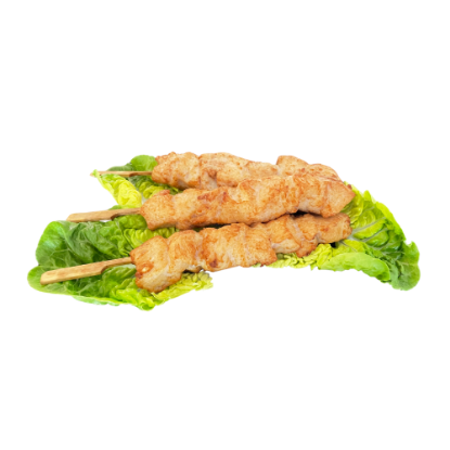 Bild von Hähnchen- Innenfiletspieß 35g, gegart & gebräunt. mit der Beschreibung Satay-Spieß mariniert & gegart.Ideal auf Salat oder Buffet.