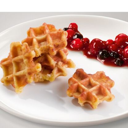 Bild von Mini Waffeln 15g, fertig gebacken mit der Beschreibung Belgische Mini-Waffeln mit Zuckerstückchen.