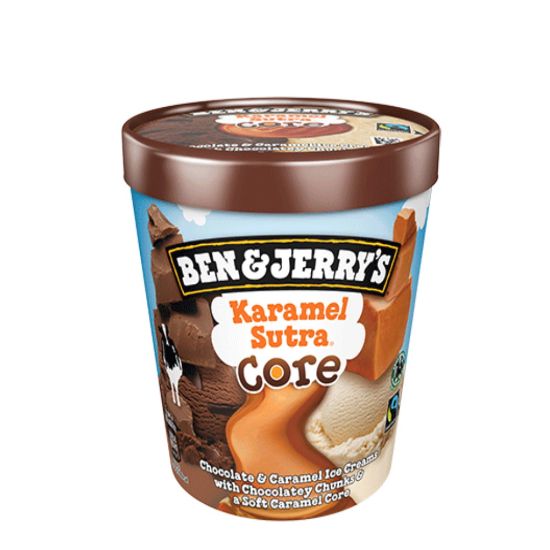 Bild von Karamel Sutra 465 ml Becher mit der Beschreibung Schoko-Karamell-Eiscreme mit Karamell-Kern und kakaohaltigen Bits