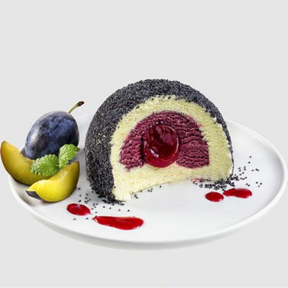 Bild von Eisdessert Germknödel 150 ml mit der Beschreibung Pflaumenfruchteis mit Eis Vanillegeschmack, Pflaumenfruchtzubereitung & Mohn