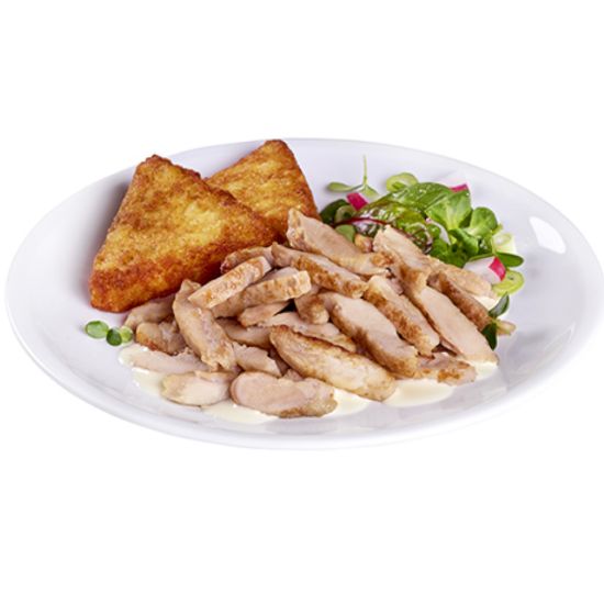 Bild von Hähnchengeschnetzeltes aus der Keule, gebraten mit der Beschreibung Zartes Hähnchenkeulenfleisch leicht gewürzt, vorgebraten, in Streifen geschnitten