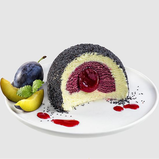 Bild von Eisdessert Germknödel 150 ml mit der Beschreibung Pflaumenfruchteis mit Eis Vanillegeschmack, Pflaumenfruchtzubereitung & Mohn