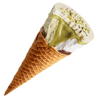 Bild von Cornetto Max Pistachio mit der Beschreibung weiß Disc mit gerösteten Pistazien, Eis mit Pistaziengeschmack, Pistaziensauce & knusprige Waffel