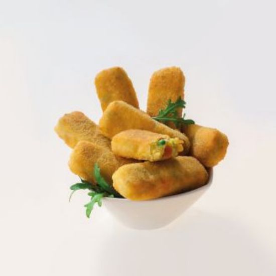 Bild von Gemüse-Stäbchen ca.40g, vegetarisch mit der Beschreibung Aus Möhren, Pastinaken, Erbsen, Romanesco, Mais & Zwiebeln mit feinen Gewürzen, vorgebacken