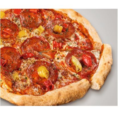 Bild von SteinofenPizza Perfettissima Calabrese Pic. 405g/ø 29 cm mit der Beschreibung mit scharfer Calabrese-Salamie, würzigen roten & grünen Peperoni sowie feinem Mozarella Käse
