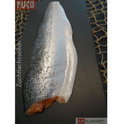 Bild von Lachsseiten mit Haut 1,4-1,8kg/Seite mit der Beschreibung Ideal für Flammlachs.Einzeln vakumiert-Chile, Trim D 3-4LB,gefroren