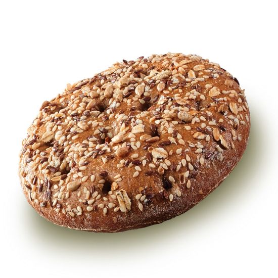 Bild von Fossette  mit Körnern 100g/13cm Ø, fertig gebacken mit der Beschreibung Weizenmischbrötchen mit Saaten fertig gebacken, vegan.