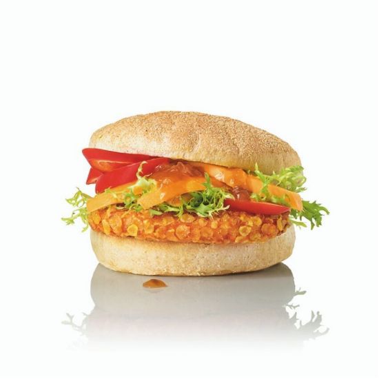 Bild von Crunchy Chik'n Burger 135g mit der Beschreibung Aus saftigen Hähnchenbruststücken mit knusprig-scharfer Cornflakes-Panade, fertig gegart

