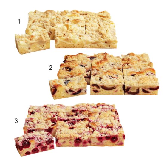 Bild von Bio Blechkuchen-Mischkarton 1200g / Blech mit der Beschreibung 3-fach sortiert, vorgeschnitten, fertig gebacken