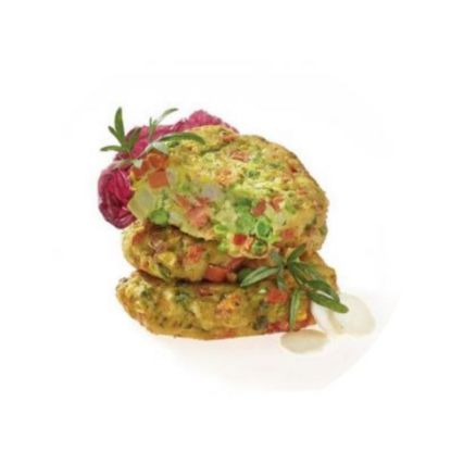 Bild von Gemüse-Frikadelle 120g,vorgebacken mit der Beschreibung aus hochwertigen Gemüsen wie Möhren, Pastinaken, Erbsen, Mais &  Kohlrabi, ohne Panade