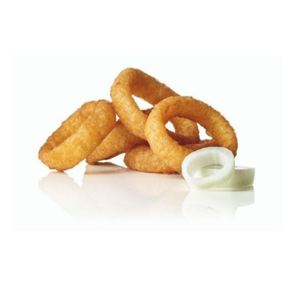 Bild von Beer Bettered Onion Rings Thin Cut mit der Beschreibung Zwiebelringe in knusprigem Bierteig, vorgebacken & vegetarisch