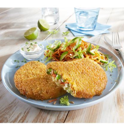 Bild von TIFA Gemüse-Knusperschnitzel 145g, vegan mit der Beschreibung Ein Schnitzel aus Weißkohl, Karotten, Erbsen, Blumenkohl & Broccoli umhüllt von knuspriger Panade.