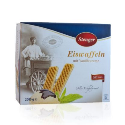Bild von Eiswaffeln m.Vanillecreme mit der Beschreibung Knusprige Eiswaffel mit leckerer Cremefüllung.