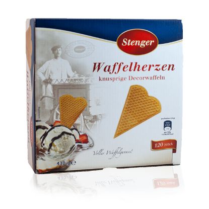 Bild von Eis-Waffelherzen mit der Beschreibung Knusprige Waffelherzen zur Eisbecherdeko.