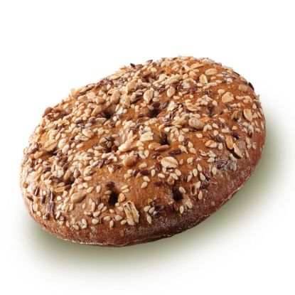 Bild von Fossette  mit Körnern 100g/13cm Ø, fertig gebacken mit der Beschreibung Weizenmischbrötchen mit Saaten fertig gebacken, vegan.