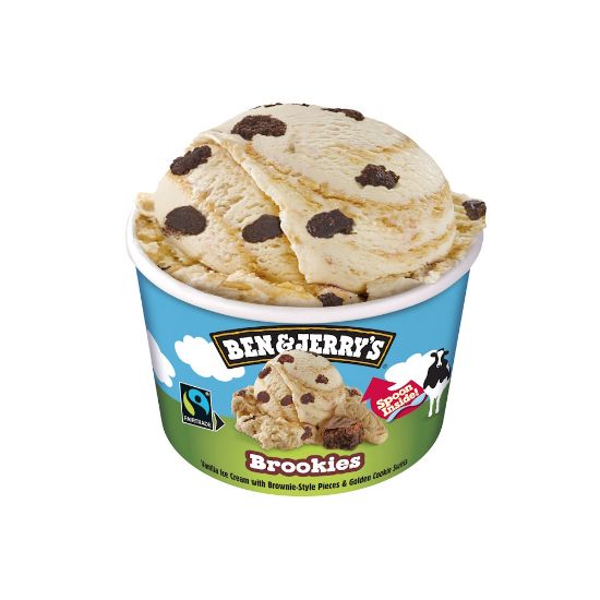 Bild von BJ Brookies 100ml mit der Beschreibung Vanille-Eiscreme mit Brownie-Gebäckstückchen, durchzogen von Keksstrudeln