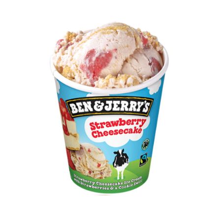 Bild von Strawberry Cheesecake 465 ml Becher mit der Beschreibung Erdbeer-Käsekuchen-Eiscreme mit Erdbeerstücken und Keksstrudel