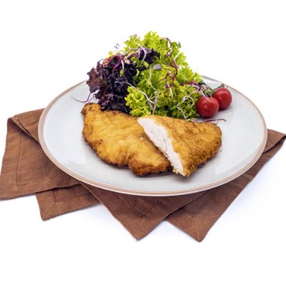 Bild von Hähnchenbrustfilet 80g, paniert & gebraten mit der Beschreibung Zartes Hähnchen-Brustfilet mit goldgelber Panade, knusprig gegart.