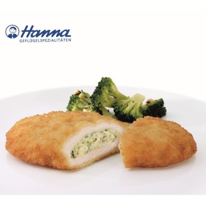 Bild von Hähnchenschnitte "Diana"  150g mit der Beschreibung Aus Hähnchenbrustfleisch, gefüllt mit einer Broccoli-Käse-Creme & mit goldgelber Panade umhüllt.