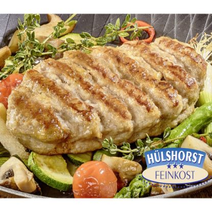 Bild von Geflügelhacksteak 180g,ohne Fett gebraten mit der Beschreibung aus Hähnchen- & Putenfleisch mit rustikalen Grillestreifen