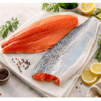 Bild von Lachsseiten mit Haut 1,4-1,8kg/Seite mit der Beschreibung Ideal für Flammlachs.Einzeln vakumiert-Chile, Trim D 3-4LB,gefroren
