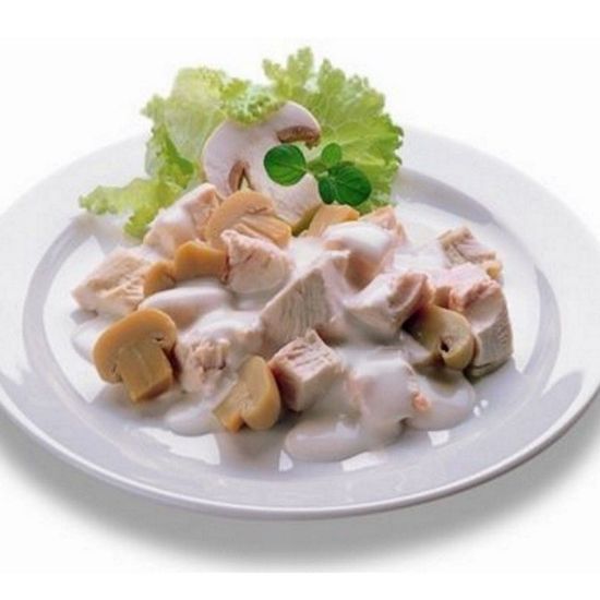 Bild von Hühnerfleisch gekocht, ohne Knochen mit der Beschreibung Hühnerfleisch 95% (40% Brust,60% Keule), Hühnerbrühe 5%, 24 mm geschnitten, einzeln entnehmbar